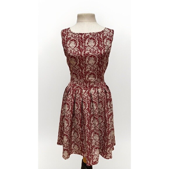 G Lungta London Red Beige White Dress Small Med Knee Length Zipper Back With Tie - Picture 1 of 7